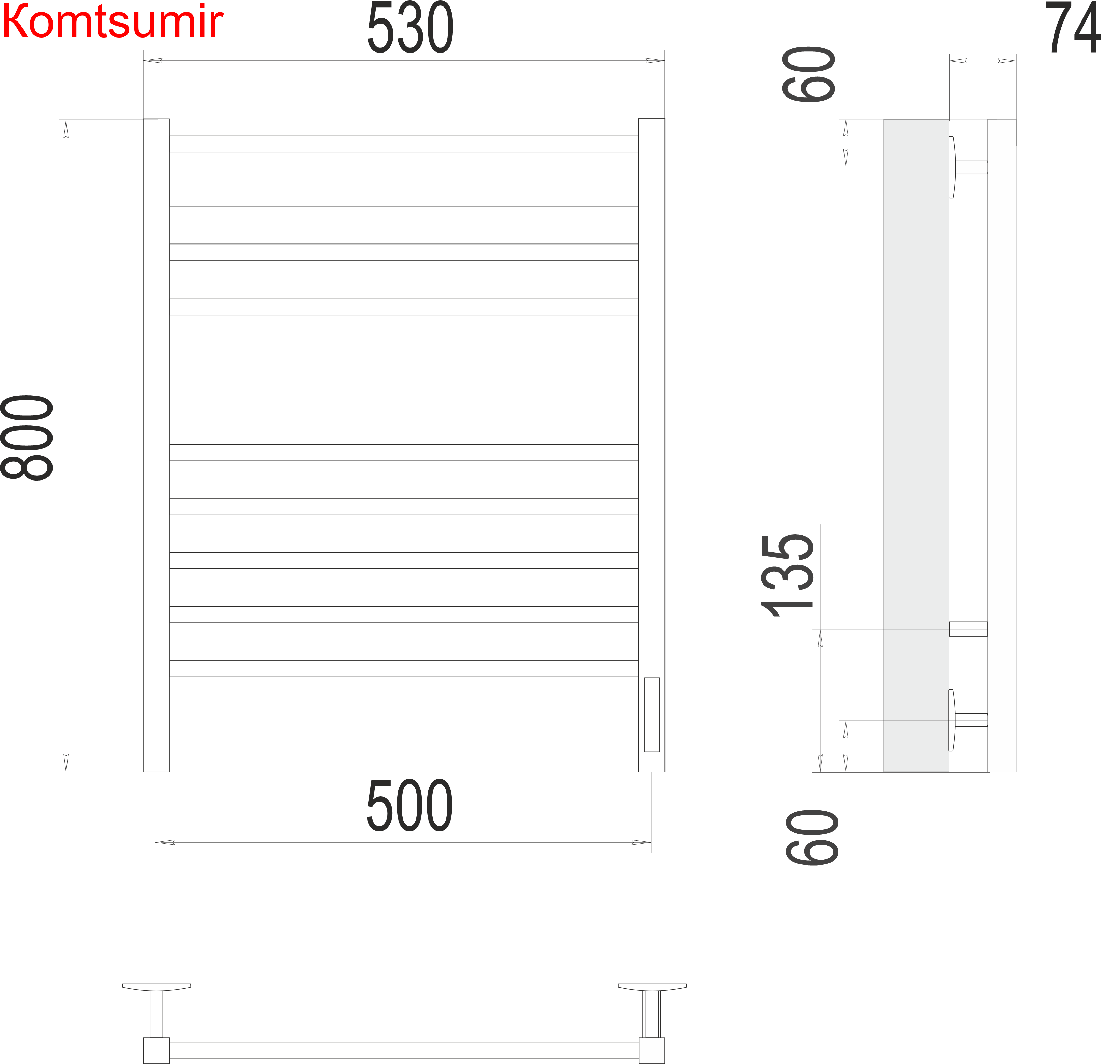 Сицилия П8 500х800 электро КС 9005 матовый  ( new встроен диммер) Полотенцесушитель TERMINUS