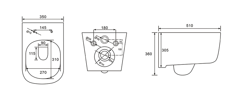 Унитаз подвесной безободковый AQUATEK ЛУГАНО AQ2002-00 510*350*360 мм, горизонтальный выпуск, тонкое сиденье с механизмом плавного закрывания, крепеж