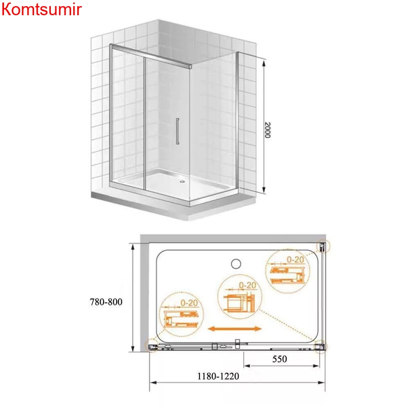 Душевое ограждение Azario ALTON 1200*800*2000, БЕЗ ПОДДОНА, (раздвижная), профиль серебро