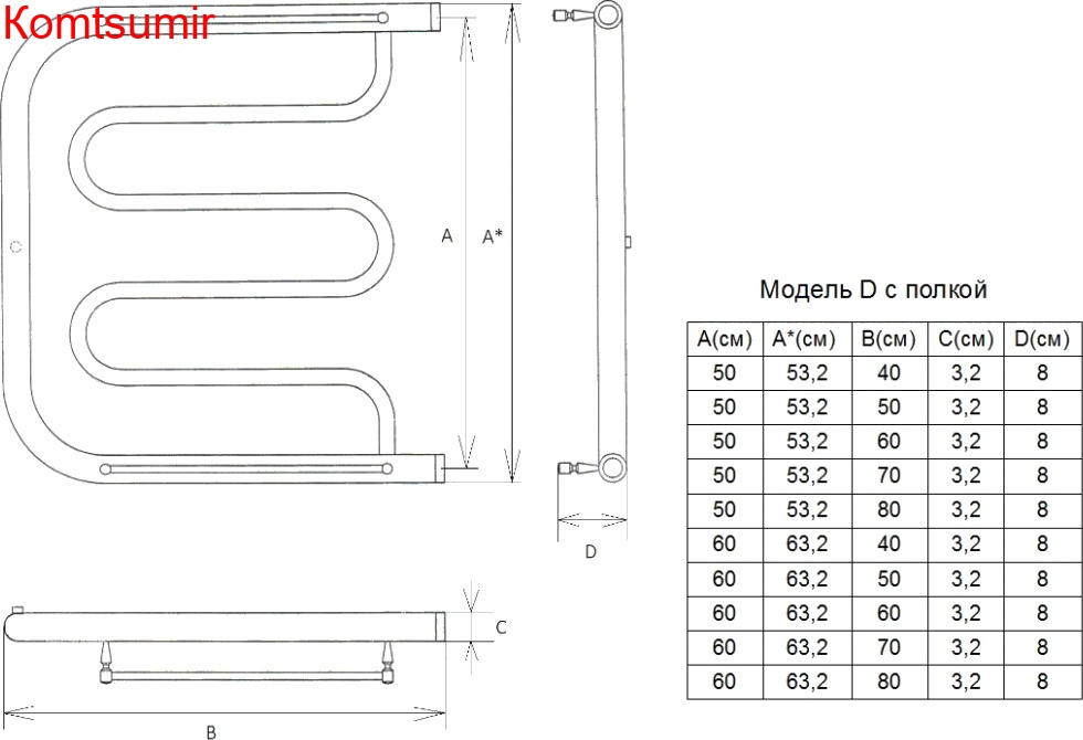Полотенцесушитель водяной Двин D 60/70 1" - 1/2" с полкой