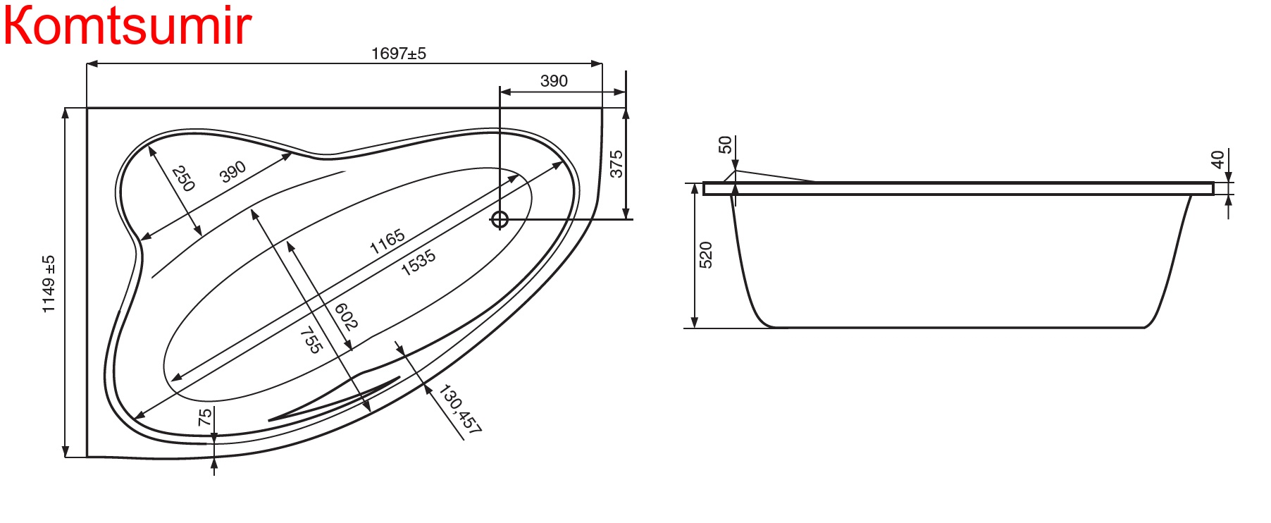 Ванна акриловая Roca LUNA 170х115 асимметричная, правосторонняя