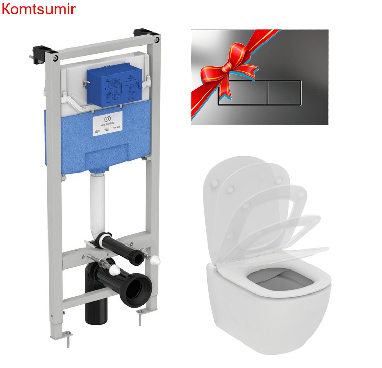 Промо-комплект Ideal Standard Tesi: Подвесной унитаз, Сиденье, Инсталляция, в подарок панель смыва (Цвет хромматовый) (TT00003/121JG)
