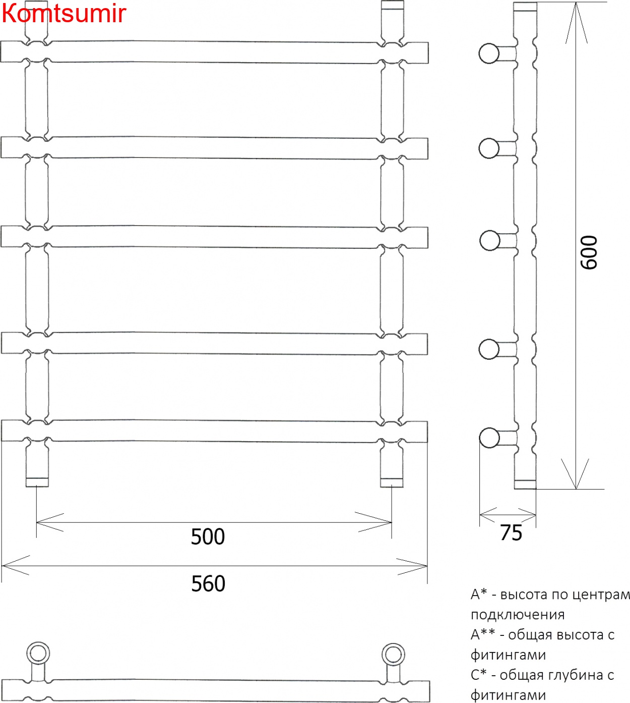 Полотенцесушитель водяной Двин Bubble 3 60/50 1"-3/4"-1/2" золотой хром
