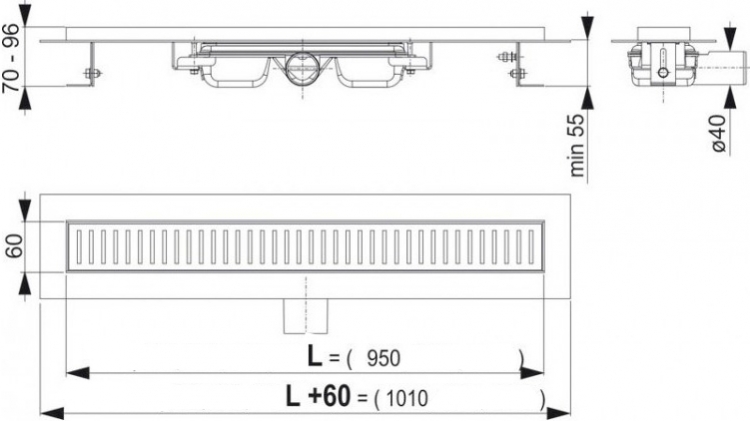 Душевой лоток AlcaPlast APZ101 950 с опорами серый, выпуск боковой