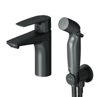 AM.PM F90A03022 Gem, смеситель для умывальника с гиг.душем, излив 99 мм, черный, шт