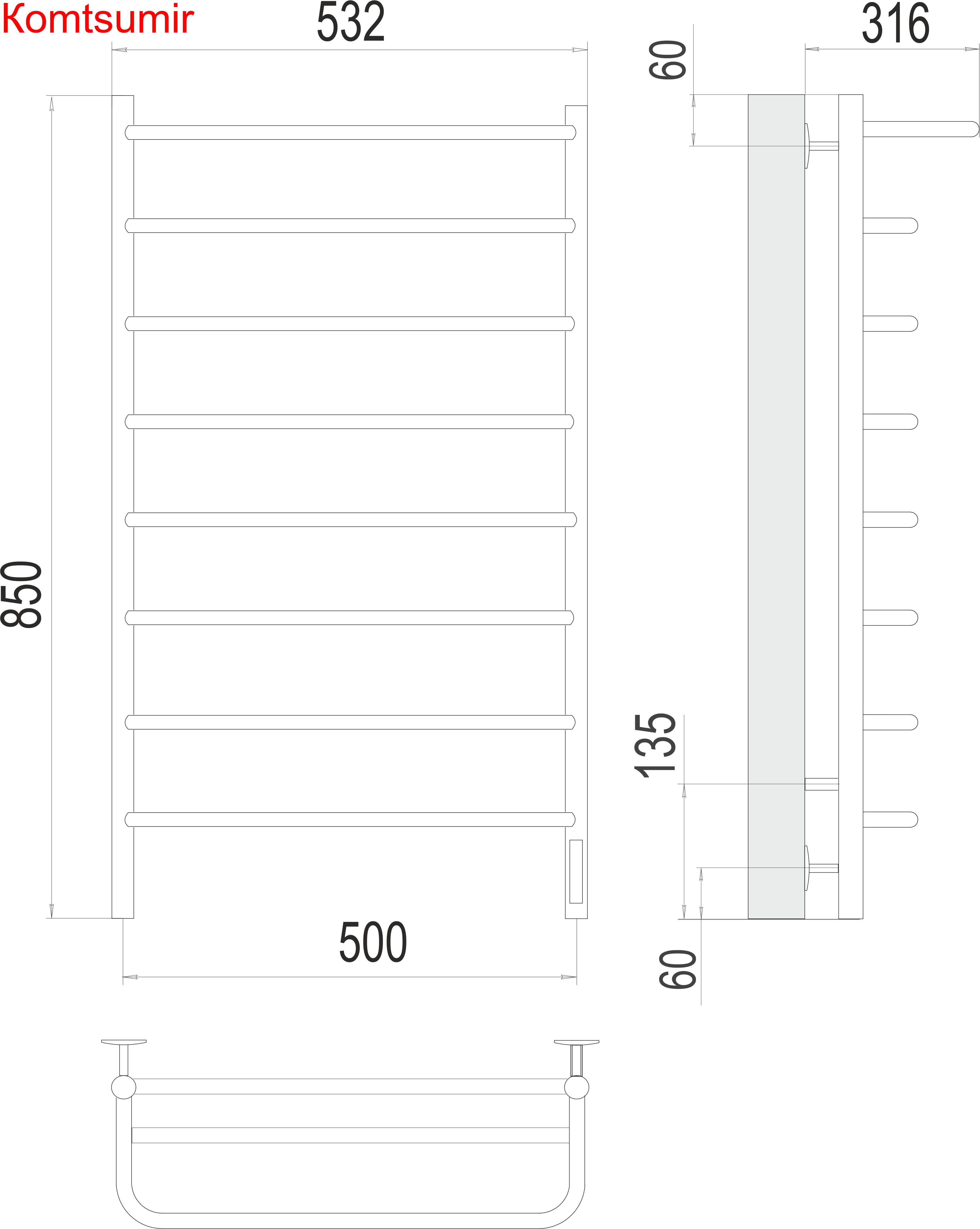 Полка П8 500х850 Электро (quick touch) Полотенцесушитель  TERMINUS