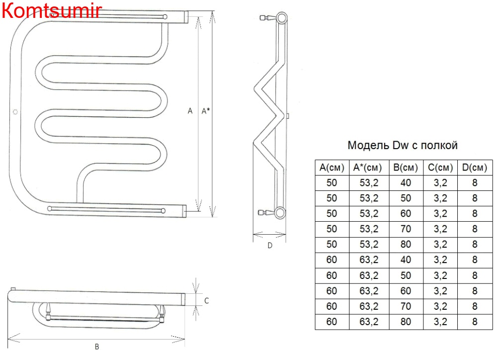 Полотенцесушитель водяной Двин Dw 50/60 1 - 1/2 с полкой