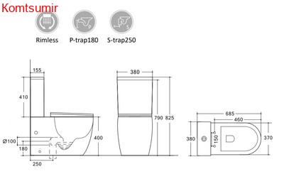Унитаз-моноблок безободковый HOLLER MONO (685*370*825мм, сиденье дюропласт с микролифтом, арматура 2-х режимная)  (1 место) белый