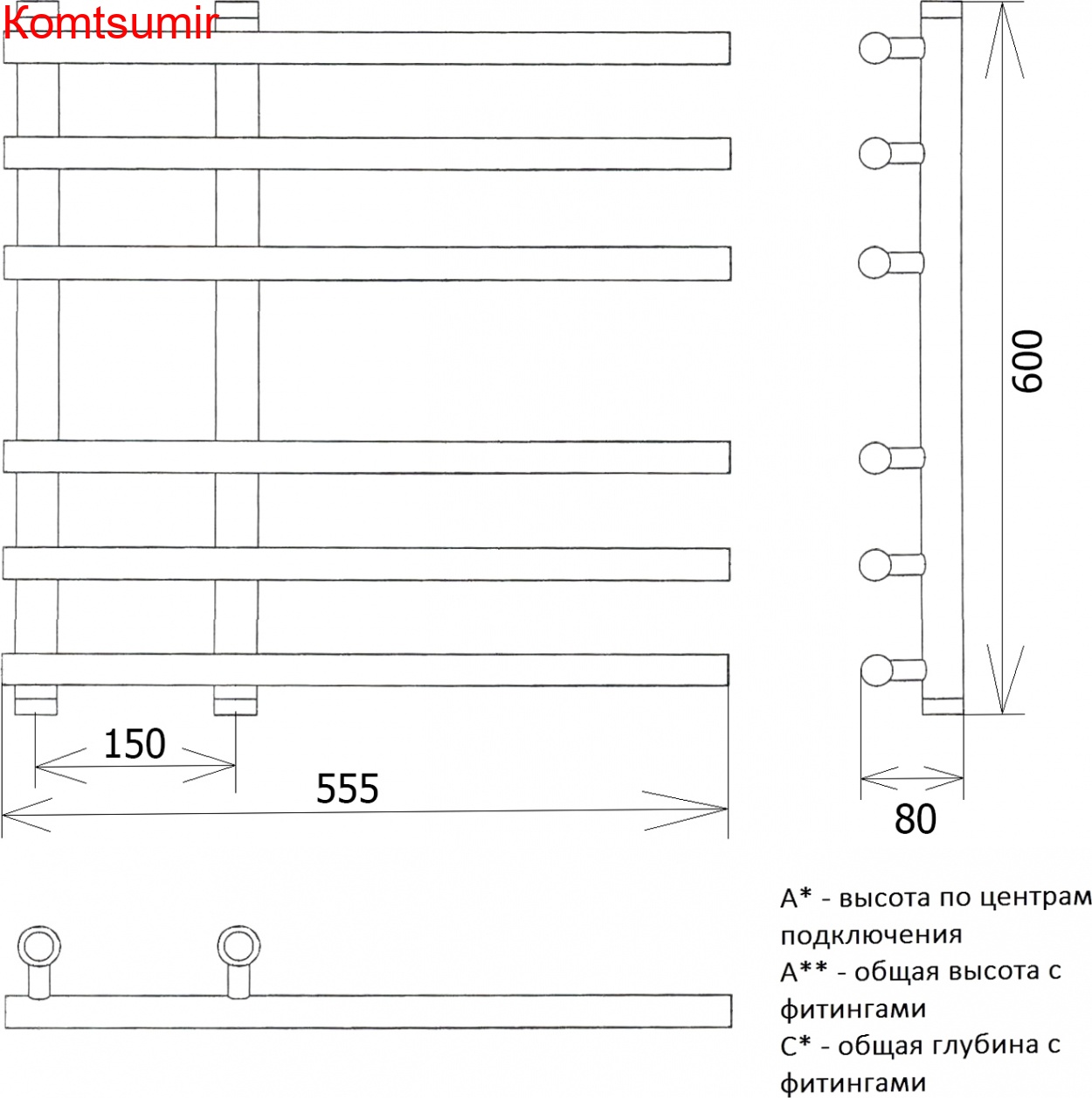 Полотенцесушитель водяной Двин L braid 60/15/55 1"-3/4"-1/2"