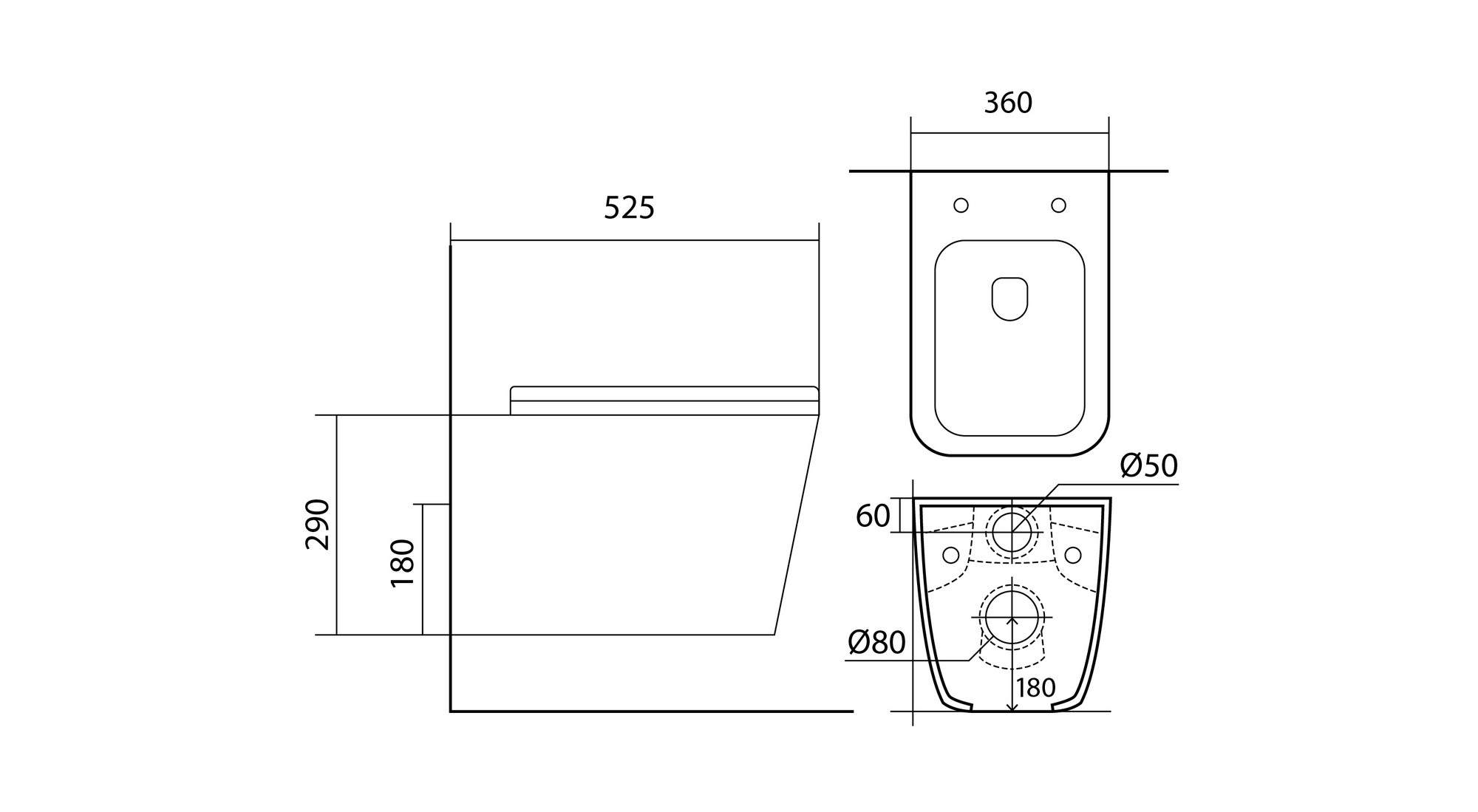 Унитаз подвесной безободковый AQUATEK ЛИБРА NEW AQ0530N-00 525*360*290 мм, горизонтальный выпуск, тонкое сиденье с механизмом плавного закрывания, крепеж