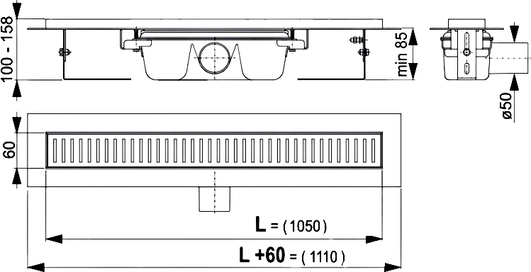 Душевой лоток AlcaPlast APZ1 1050 с опорами серый, выпуск боковой