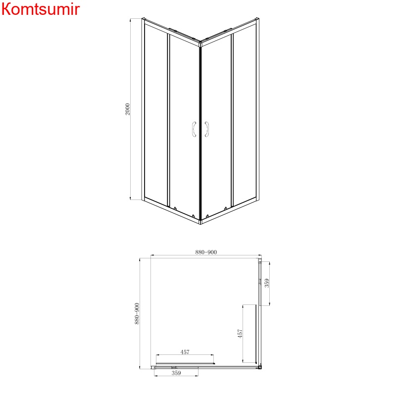 Душевое ограждение Azario 900*900*2000, БЕЗ ПОДДОНА (угловой вход, 2 двери), черный профиль
