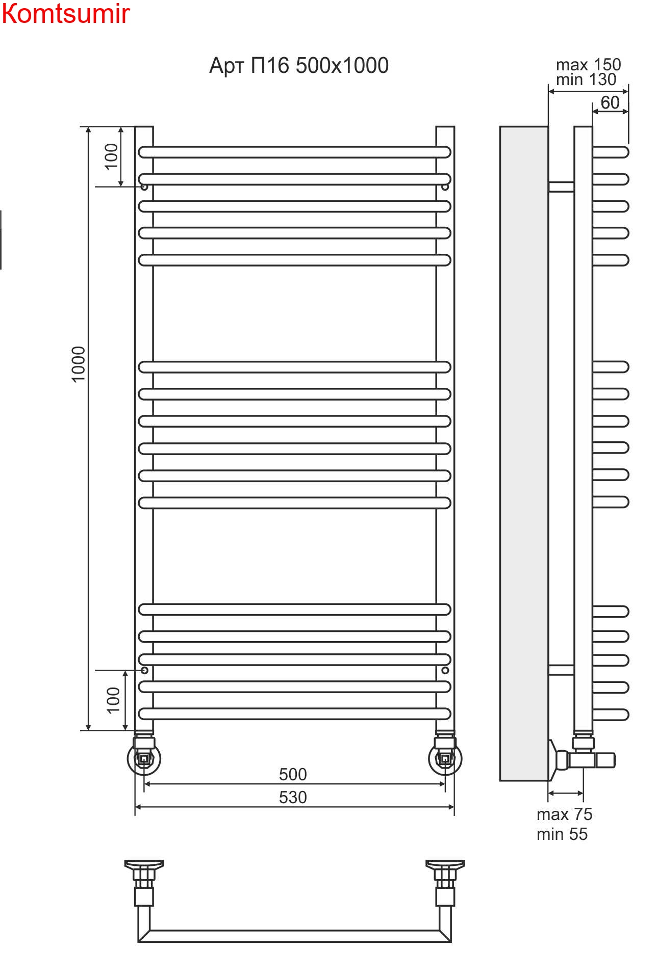 Арт П16 500х1000 Полотенцесушитель  TERMINUS