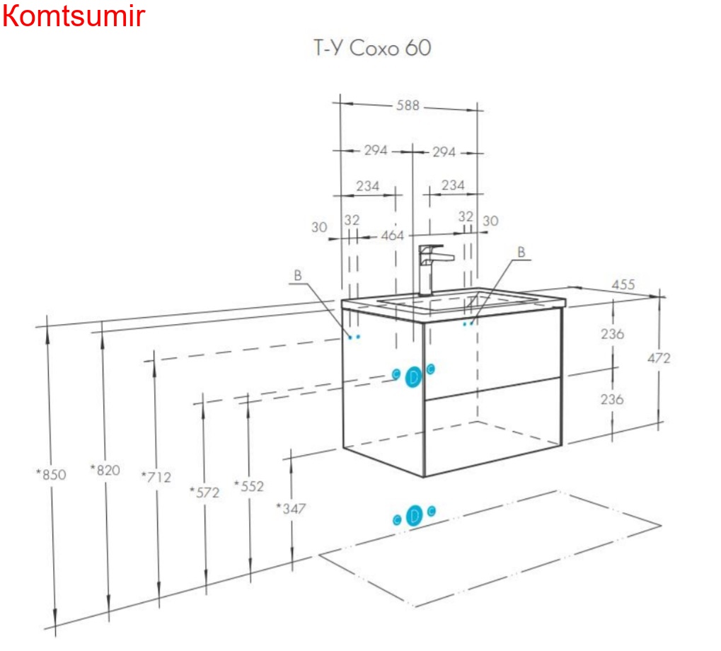Тумба под раковину AQUATON Сохо 60 подвесная, графит софт / дуб веллингтон (1A258001AJA00)