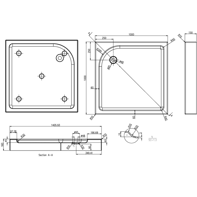 Поддон Azario 1000*1000*150 R/L, для GREENWOOD 1000, NAG 1221 1000