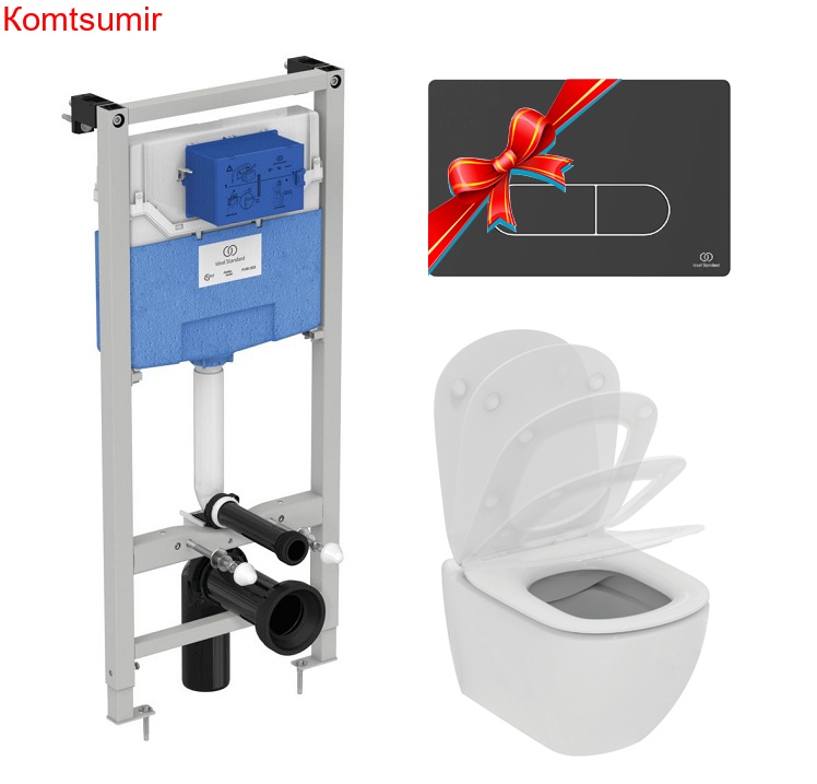 Промо-комплект Ideal Standard Tesi: Подвесной унитаз + Сиденье, Инсталляция; панель смыва (цвет черный) в подарок (TT00003/115A6)
