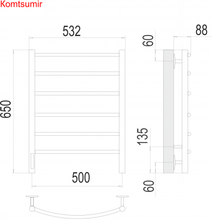 Классик П6 500х650 Электро (quick touch) слева Полотенцесушитель  TERMINUS Классик П6 500х650 Электро (quick touch) слева Полотенцесушитель  TERMINUS