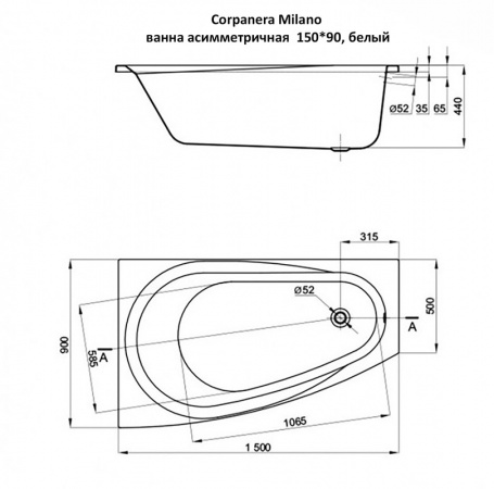 Corpanera Milano ванна асимметричная левая 150*90, белый Corpanera Milano ванна асимметричная левая 150*90, белый