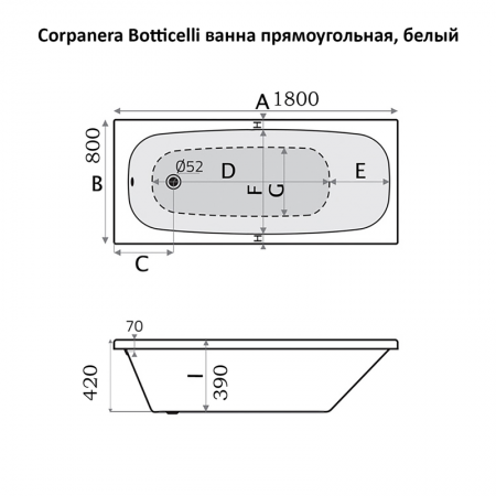 Corpanera Botticelli ванна прямоугольная 180*80, белый Corpanera Botticelli ванна прямоугольная 180*80, белый