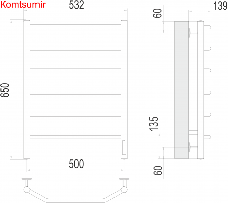 Виктория П6 500х650 Электро (quick touch) Полотенцесушитель  TERMINUS Виктория П6 500х650 Электро (quick touch) Полотенцесушитель  TERMINUS